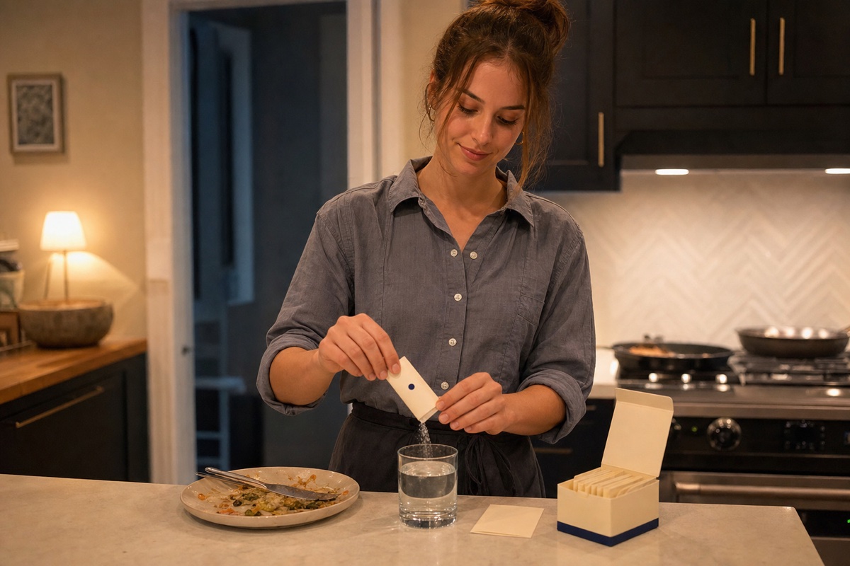 After a dinner shift — tearing one sachet into a glass of water, concept